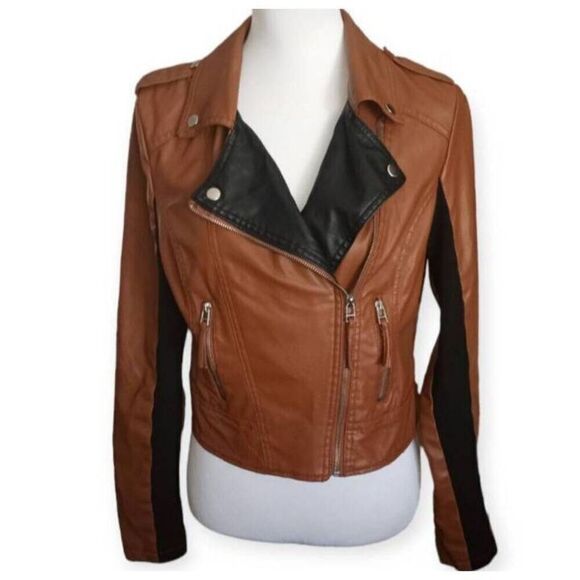 NEW LOOK COGNAC & BLACK MOTO JACKET SZ.L EUC. - Picture 1 of 8